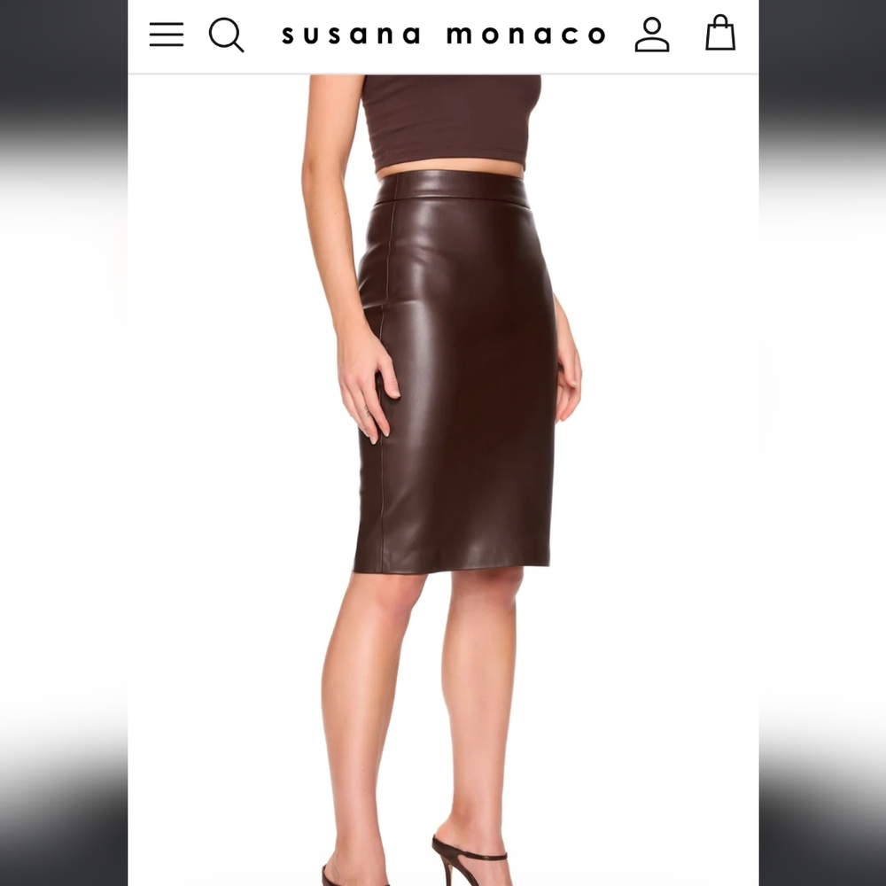 Susana Monaco Faux Leather Brown Pencil Skirt. New With Tags.